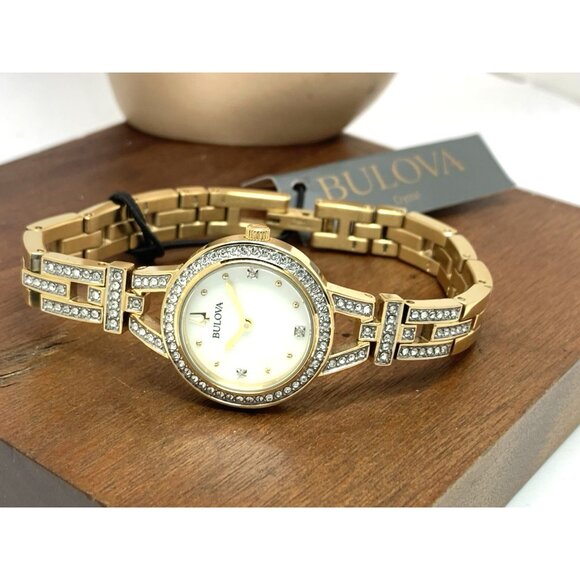 Bulova Women's Watch 98L325 Mother of Pearl Dial Gemmed Gold Steel 25mm - Picture 8 of 14